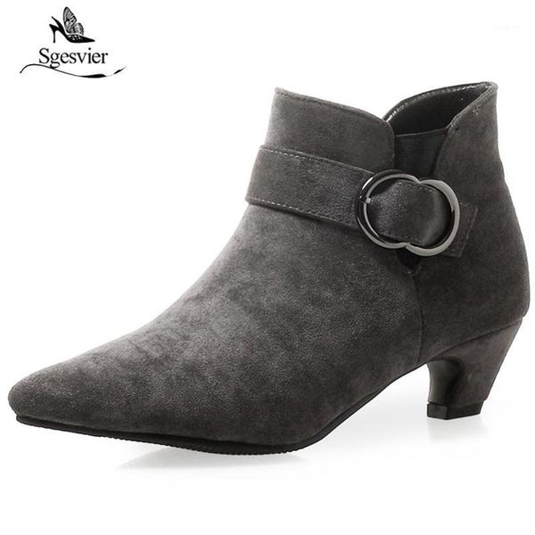 

sgesvier new fahsion women ankle boots black women shoes autumn flock med heel pointed toe ladies boots big size 32-46 ox8921