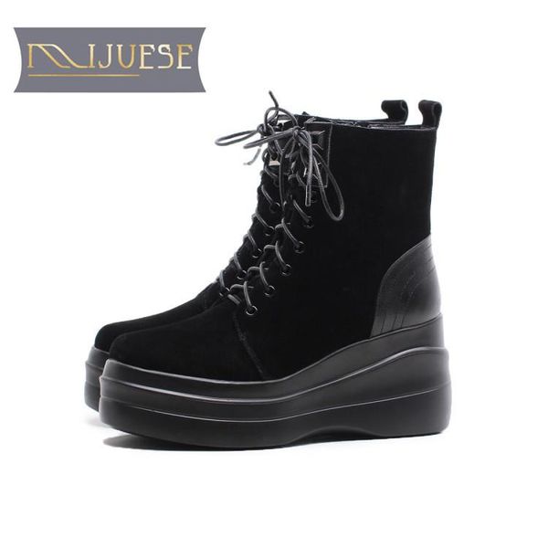 

mljuese 2020 women ankle boots cow suede black color winter warm short plush wedges ankle boots platform