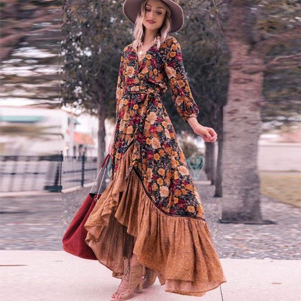 

casual dresses long sleeve print retro dress women spring fall fashion empire irregular hem a-line maxi lugentolo, Black;gray
