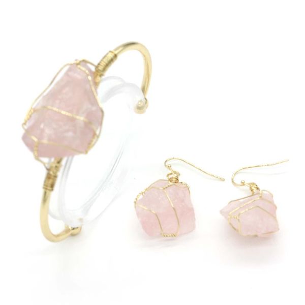 

kraft-beads light yellow gold color irregular shape rose pink quartz bangle fluorite stone earrings ethnic style jewelry sets, Silver