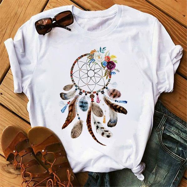

womens t shirt dreamcatcher t shirt harajuku flower o neck womens kawaii retro summer casual clothing short sleeves, White