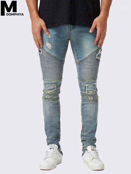 

moomphya 2020 new ripped skinny jeans men distressed hole pleated stripes men jeans stylish hip hop biker man1, Blue