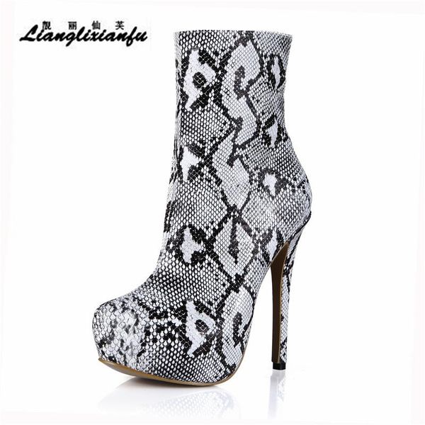 

spring autumn snake print shoes woman ankle boots 14cm thin heels botas mujer platforms pumps punk stiletto, Black