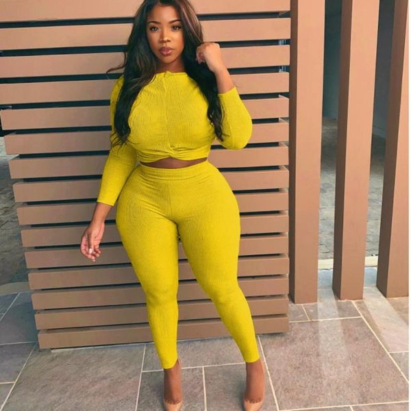 

ribbed knitted casual autumn streetwear suits bandage women long sleeve crop and pants bodycon two piece outfits, Gray