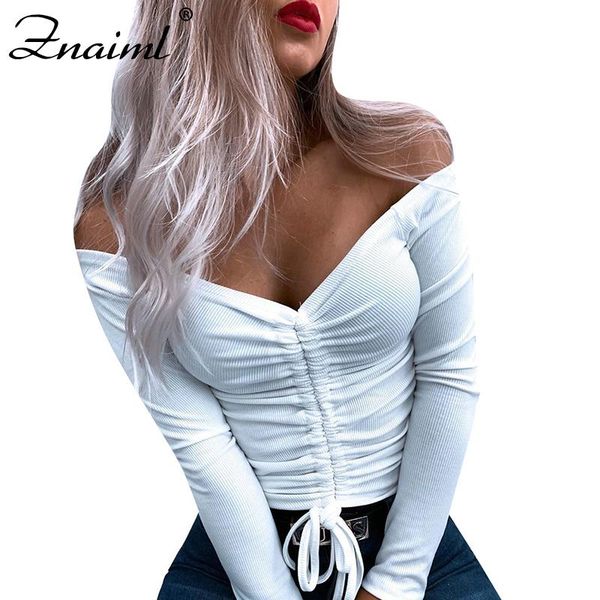 

znaiml stylish slim crop women autumn full sleeve love shaped v collar backless chic shirt drawstring stretchy solid short, White