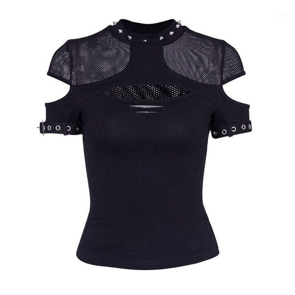 

rosetic women t shirts casual punk gothic chic summer slim mesh hole rivet club black hip hop female ladies goth 1, White