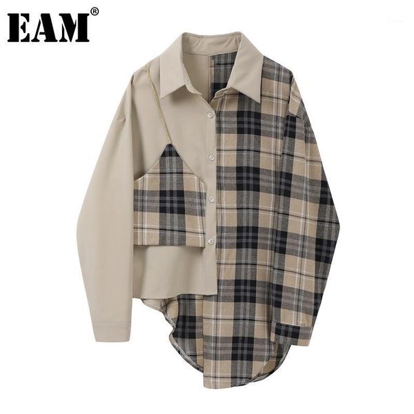 

eam] women plaid irregular split joint blouse new lapel long sleeve loose fit shirt fashion tide spring autumn 2020 1z0911, White