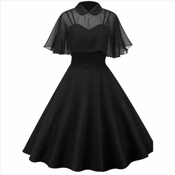 

women vintage gothic cape black dress 2021 autumn two piece mesh cloak sleeves peter pan collar elegant retro goth party dresses, Black;gray