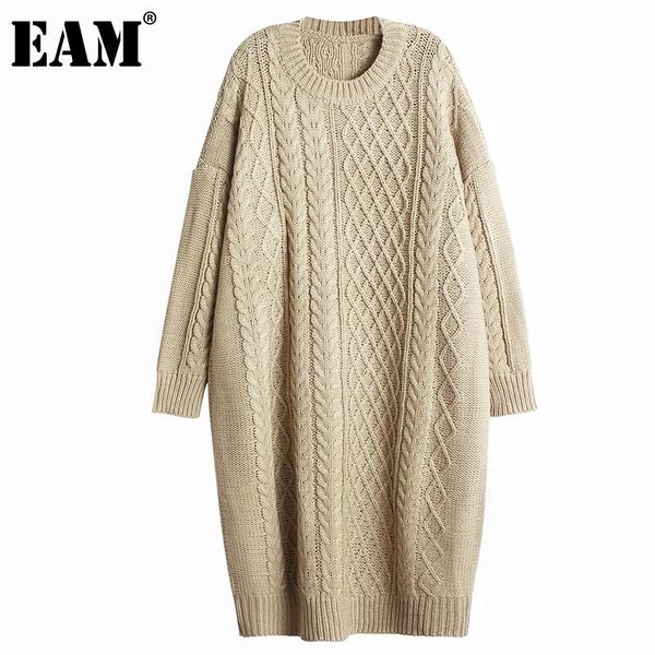 

casual dresses [eam] women khaki big size warm knitting dress round neck long sleeve loose fit fashion tide autumn winter 2021 1dc850, Black;gray