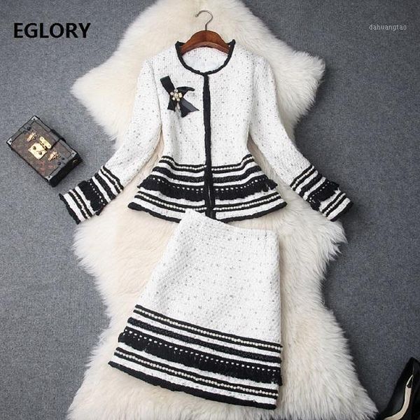 

designer clothing sets women beading wool jackets suits+warm wool pencil skirt set elegant business suit female set1, White