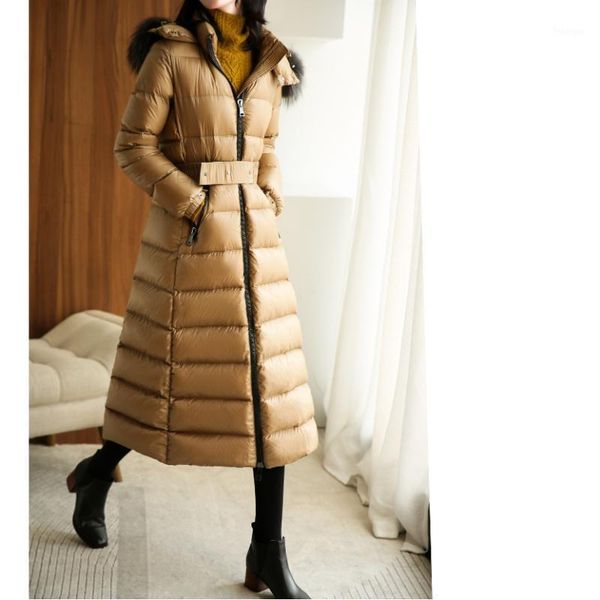 

cold winter new women fur hooded detachable ultra warm thick more than 440g 90% white duck down jackets overcoats w/h belt1, Black