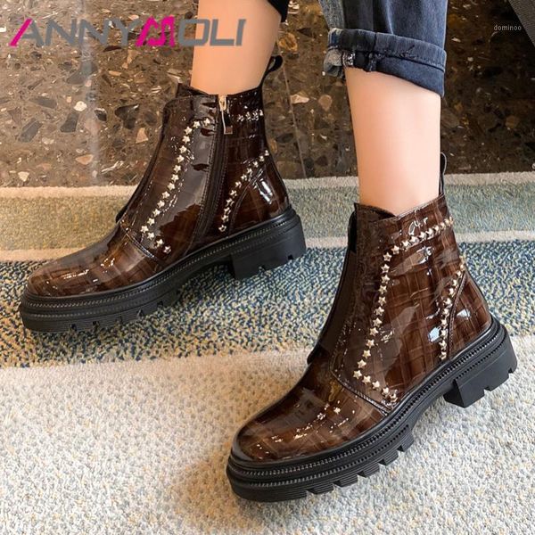 

annymoli real leather platform mid heel short boots women ankle boots shoes rivet zipper chunky heels ladies brown black1, Black