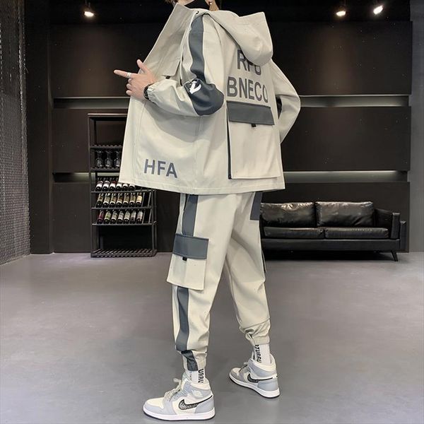 

mens streetwear cargo pullover hooded tracksuit 2 pieces sets jackets and cargo pants loose fit pants hip hop jacket, Gray