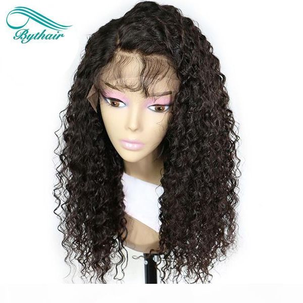 

bythair 13x6 deep part pre plucked curly lace front human hair wigs with baby hairs for black women, Black;brown