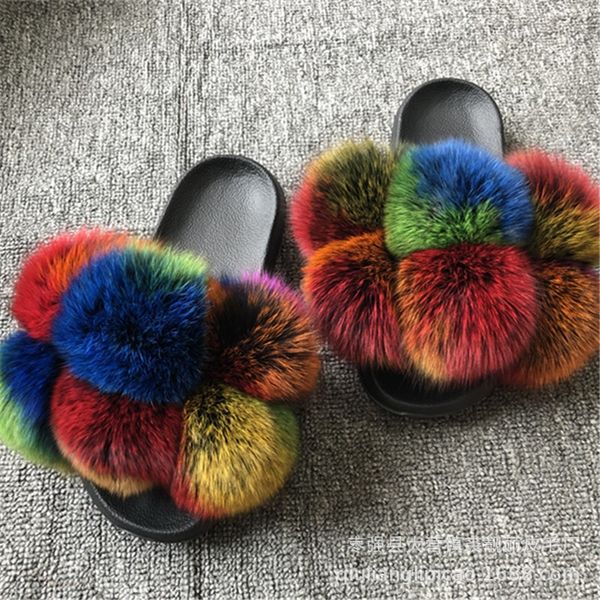 

bmq8n new fox fur slippers fashion fox racoon dog ball ball fur slippers, Black