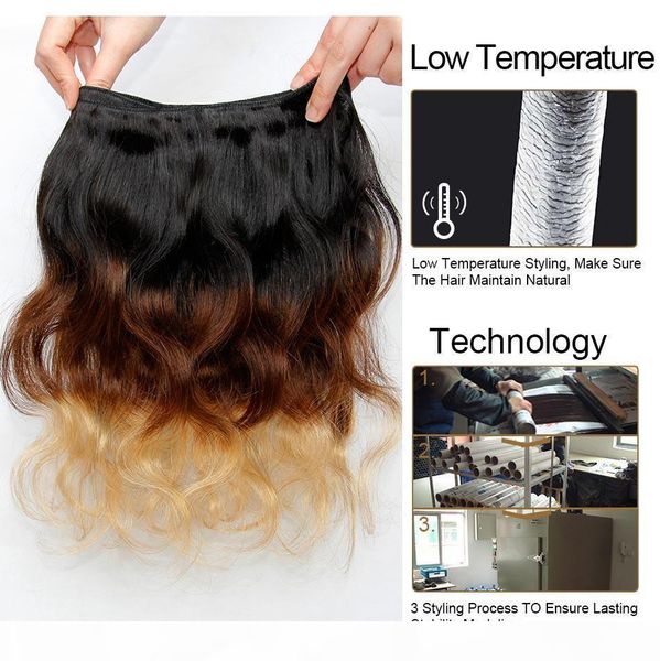 

three tone ombre peruvian virgin human hair extensions 1b 4# 27# 3 tone ombre brown blonde peruvian body wave human hair weave bundles, Black