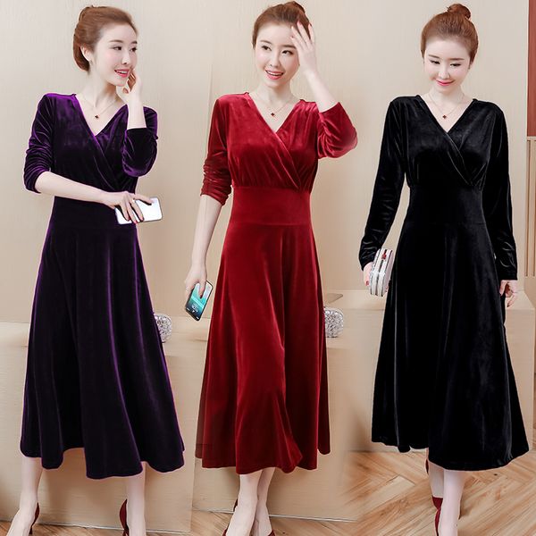 

velvet woman plus size dressed with cleavage in v 2021 autumn to line skater casual swing midi dress r6oy, Black;gray