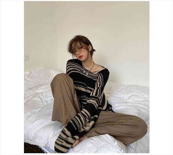 

women punk gothic striped loose patchwork sweater hip hop vintage long sleeve oversize pullover casual knitted jumpers harajuku, White;black