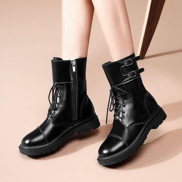 

boots woman fashion buckle motorcycle botas drop autumn flat pu leather women ankle black platform zipper lace up shoes