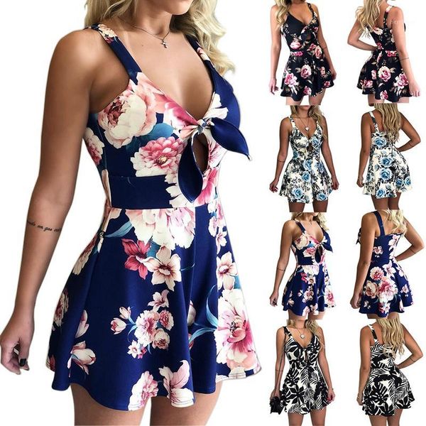 

sleeveless backless bohemian beach rompers femaler print floral overalls casual short summe jumpsuit women mini playsuit1, Black;white