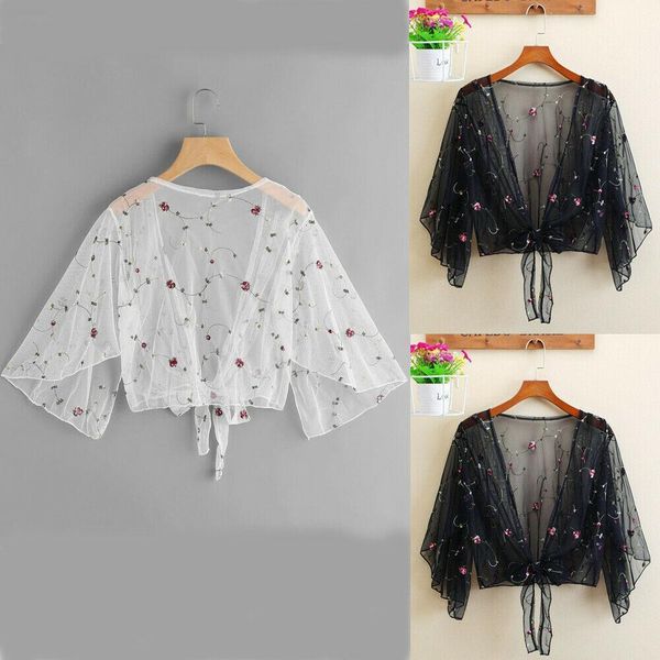 

female women blouses summer boho beach cardigan breathable ladies casual floral mesh see through loose shirts, White
