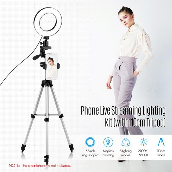 

flash heads led ring light phone live lighting kit 6.3inch/16cm 2700k~6500k bi-color dimmable max. height 110cm portable tabletripod