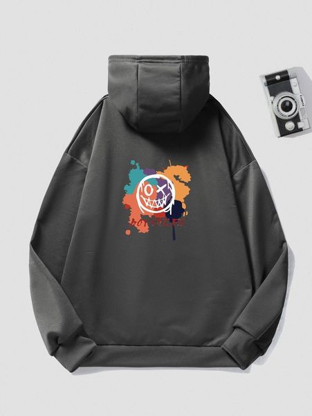 

men expression print drop shoulder drawstring hoodie d1ou#, Black