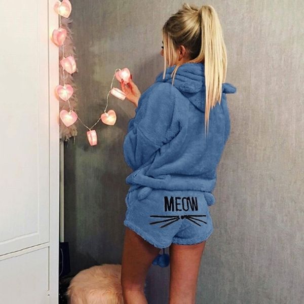 

flannel 2 piece autumn winter warm fleece women sweatshirt pajamas cat hoodies shorts set sudadera mujer y200610, Black