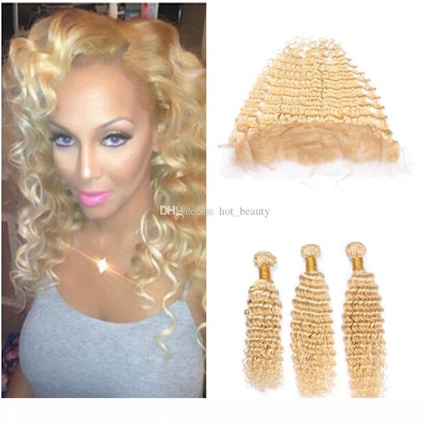 

deep wave #613 blonde virgin hair wefts with full lace frontal closure 13x4 deep wave malaysian blonde human hair weave bundles with frontal, Black