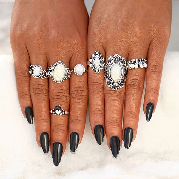 

women 17km boho vintage flower opal for geometric pattern big knuckle rings set bohemian jewelry party gift 7 factory/se, Silver