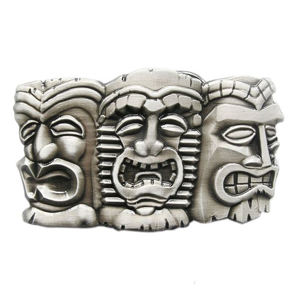 

masks new vintage three tribal tiki hiawaii tikki belt buckle boucle de ceinture, Slivery;black