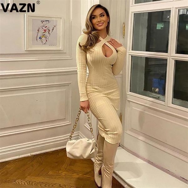 

vazn 2020 autumn knit dress plus size club halter off shoulder full sleeve women high waist thin maxi dress1, Black;gray