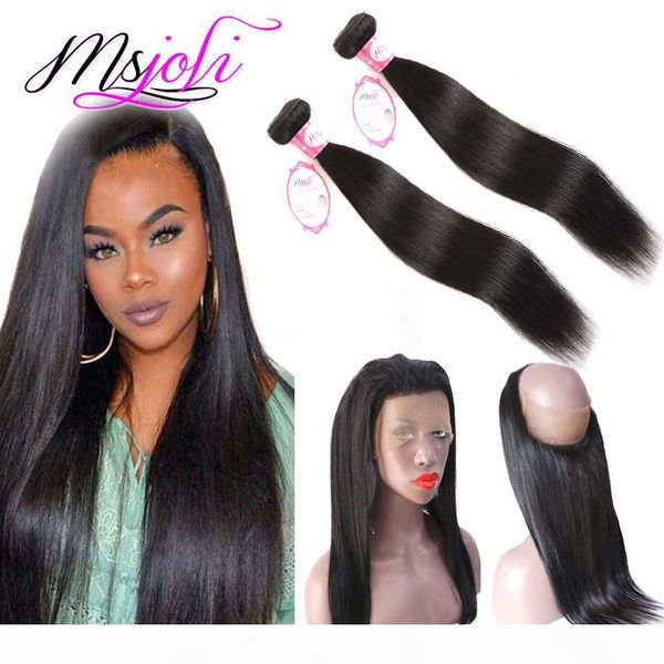 

9a peruvian virgin human hair straight wave natural color 360 lace frontal with two bundles queen unprocessed hair by msjoli, Black;brown