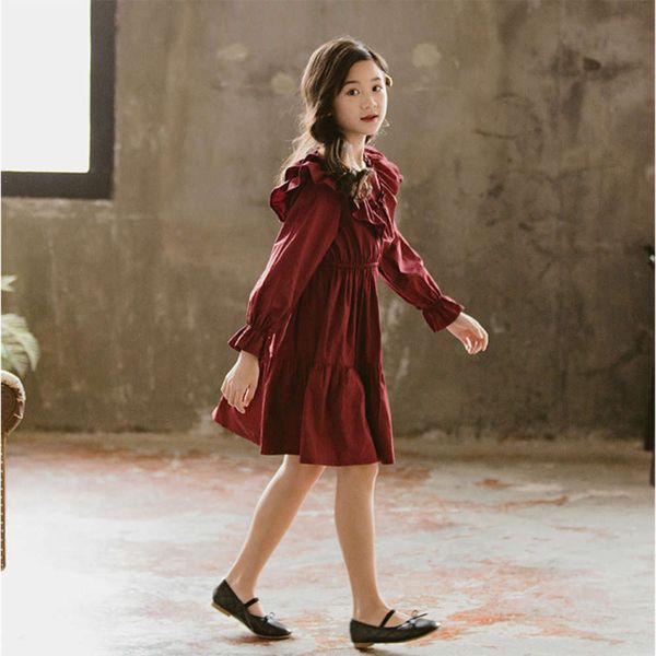 

spring drs new girl's 2020 korean version middle school children's plain lace princs student long sve skirt 9pan, Red;yellow