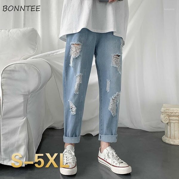 

men jeans hole harem trousers elastic waist big size 5xl vintage denim spring-autumn fashion chic streetwear ulzzang fashion ins1, Blue