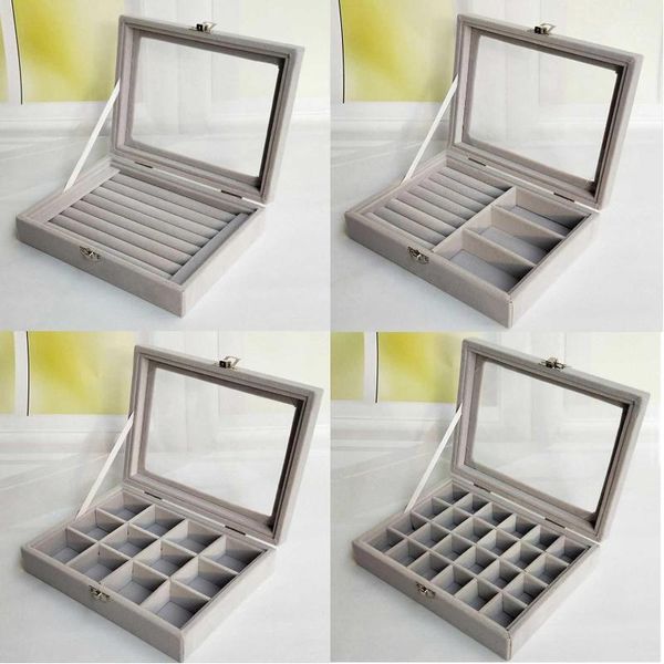 

jewlery box ring earrings ear stud hand jewelry transparent flip dustproof velvet small capacity sorting storage case, Pink;blue