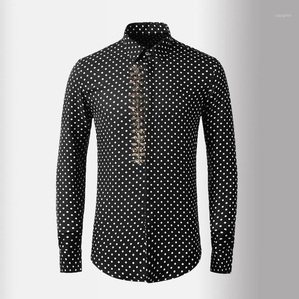 

new 100% cotton men shirts luxury diamond long sleeve polka dot mens dress shirts plus size 4xl slim fit party male1, White;black