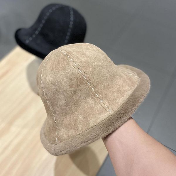 

2020 теплый зимняя шляпа женская мода сплошной цвет замшевой меховой шапкой ведро крышки ретро вязаное вязаное ведро, Blue;gray