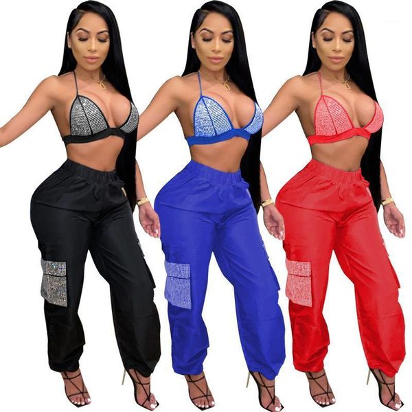 

cutubly halter women set diamonds two piece set bra side pockets sweat pants fashion suits night club tracksuit1, Gray