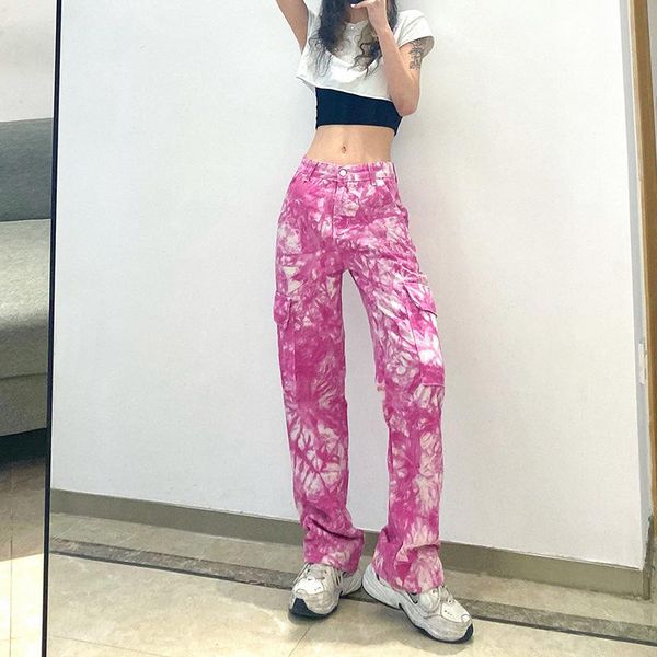 

tie dye printed y2k pockets cargo pants fashion pink jeans women wide leg baggy high waist joggers denim pants kawaii streetwear, Blue