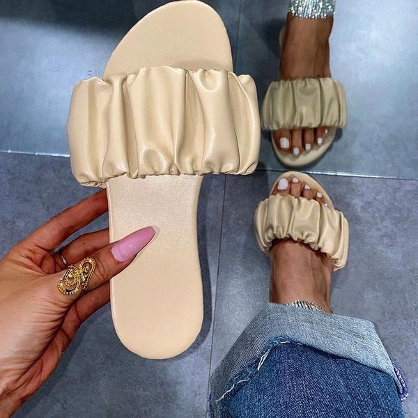 

2021 leather sandals women runway party shoes mules slippers folded leather design zapatos mujer flat shoes women #tc0n