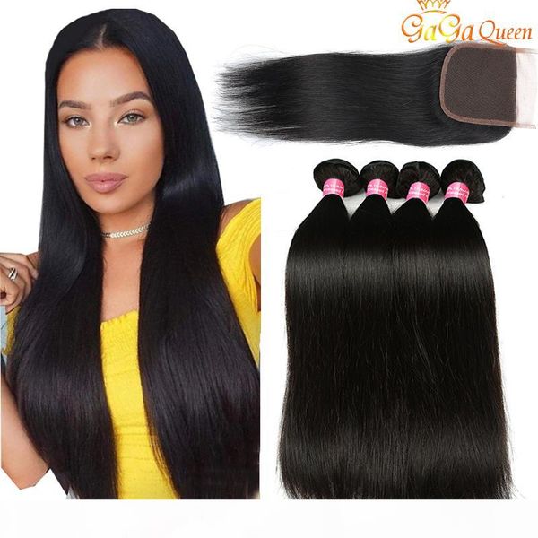 

gagaqueen brazilian straight hair bundles with closure 3 bundles human hair extensions 4x4 lace closure with brazilian straight hair, Black
