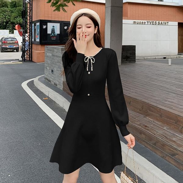 

2021 autumn new beaded collar long-sleeved a-line knitting dress solid color long-sleeved women elegant dress, Black;gray
