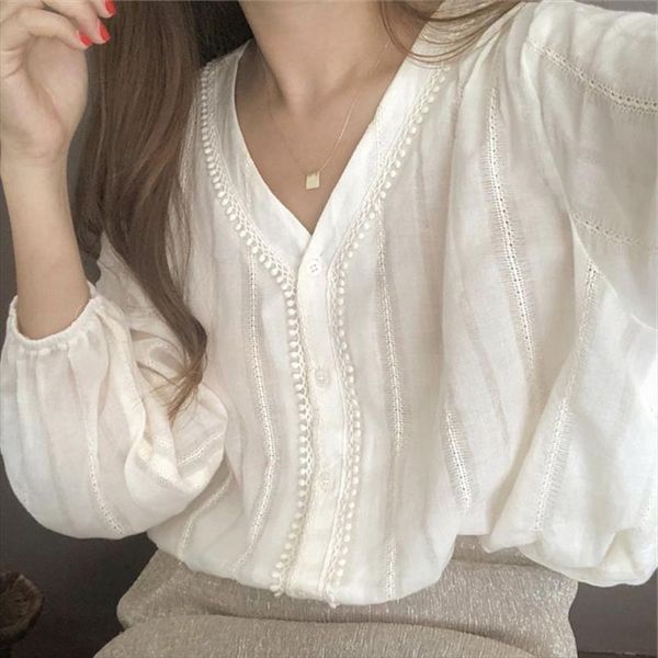 

bella philisophy women autumn long sleeve blouse shirts vintage single breasted female loose v neck blouse street plus size, White