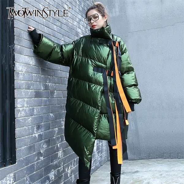 

twotwinstyle irregular patchwork bandage cotton coats female stand collar long sleeve asymmetrical women's parkas fashion 201214, Black