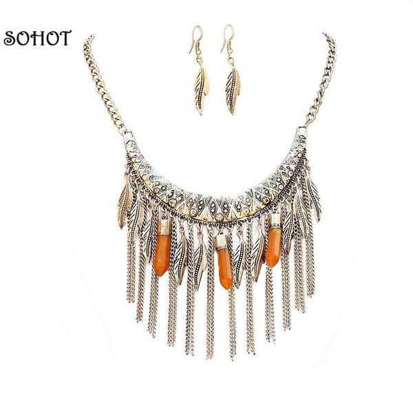 

SOHOT Fashion Tassel Chain Leaf Pendant Necklace Zinc Alloy Resin Stone Chunky Vintage Statement Bridal Jewelry Set Gift, Silver