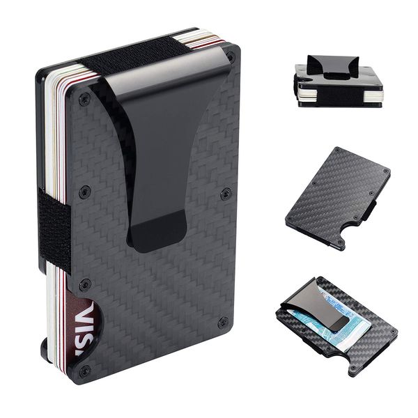 

rfid carbon fiber wallets for men - minimalist aluminum metal money clip wallet mens wallet credit card holder, Red;black