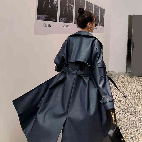 

women's trench coats casaco longo de couro pu, elegante, estilo europeu, trench coat feminino, breasted duplo com cinto, primavera, out, Tan;black