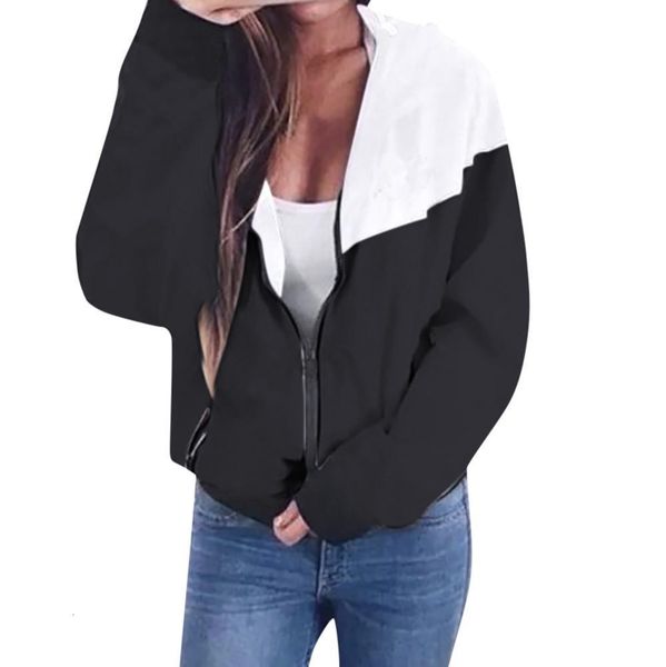 

30# spring autumn women jacket long sleeve shirts patchwork thin skinsuits hooded zipper pockets sport coat, Black;brown