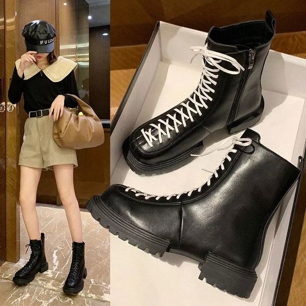 

retro handmade mar boots women 2020 autumn and winter new wild fashion leather boots thin square toe thick heel ankle #hs6k, Black